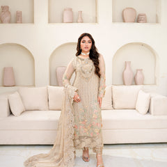 SAHOOR 05 floral fawn embroidered chiffon Pakistani suit with intricate floral detailing