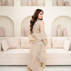 SAHOOR 05 floral fawn chiffon Pakistani suit back with embroidered organza detailing