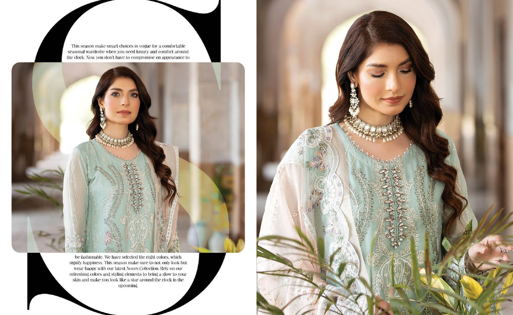 SHIBRA 01 icy green embroidered chiffon Pakistani suit with intricate floral detailing