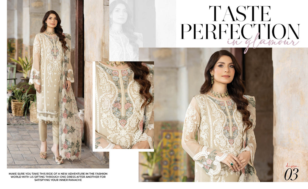 SHIBRA 03 skin embroidered chiffon Pakistani suit with intricate floral detailing