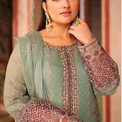 NURIN 04 persian green chiffon Pakistani suit back with embroidered organza detailing