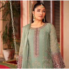 NURIN 04 persian green embroidered chiffon sleeves with floral and organza detailing
