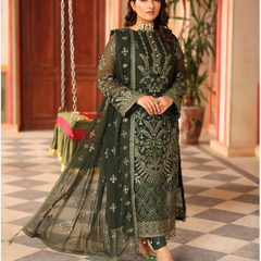 NURIN 05 poison green embroidered chiffon Pakistani suit with intricate floral detailing