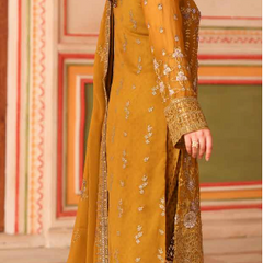 NURIN 06 anti gold embroidered chiffon Pakistani suit with intricate floral detailing