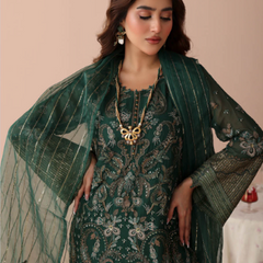 ZINNIA 04 bottle green chiffon Pakistani suit back with embroidered organza detailing