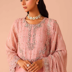 Model wearing ARMELIA 01 pink Pakistani embroidered chiffon suit by Noors