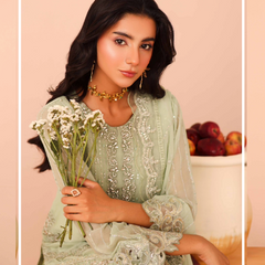 ARMELIA 04 pista green embroidered chiffon Pakistani suit with intricate floral detailing
