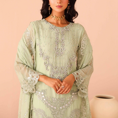 ARMELIA 04 pista green chiffon Pakistani suit back with embroidered organza detailing