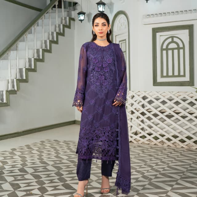 AMAIRA 03 violet embroidered chiffon Pakistani suit with intricate floral detailing