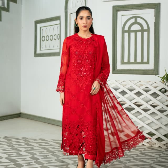 AMAIRA 01 red embroidered chiffon Pakistani suit with intricate floral detailing
