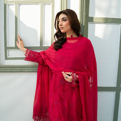Model wearing AMAIRA 05 rani pink Pakistani embroidered chiffon suit by Noors
