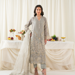 ELANORA 02 grey embroidered chiffon Pakistani suit with intricate floral detailing